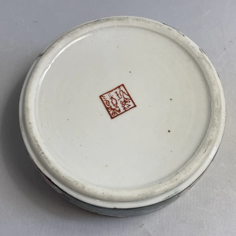 Vintage Chinoiserie Botanical Trinket Jewelry Box Lid‎ Porcelain Bamboo Stamped